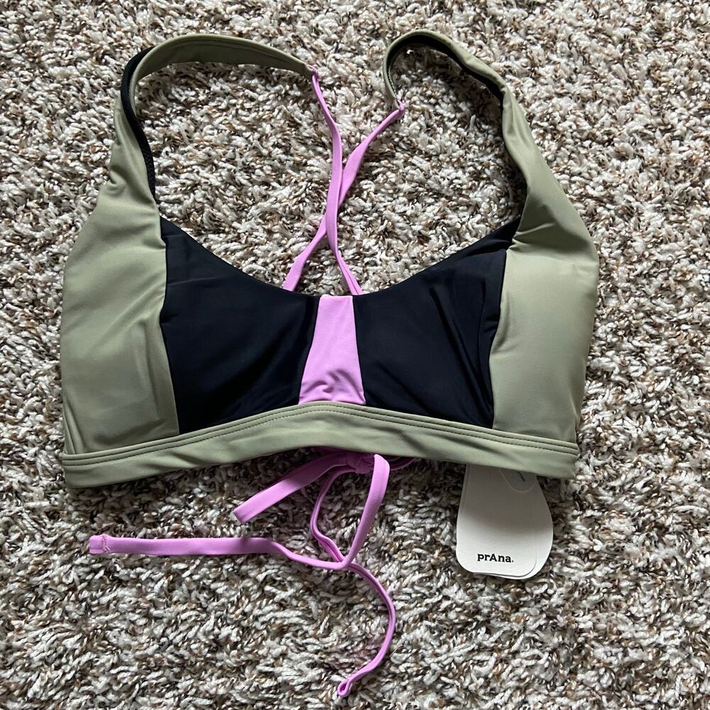 Prana Tulum Swim Top Women's L Black Color Block Bikini Sporty Crisscross Back - Picture 3 of 6
